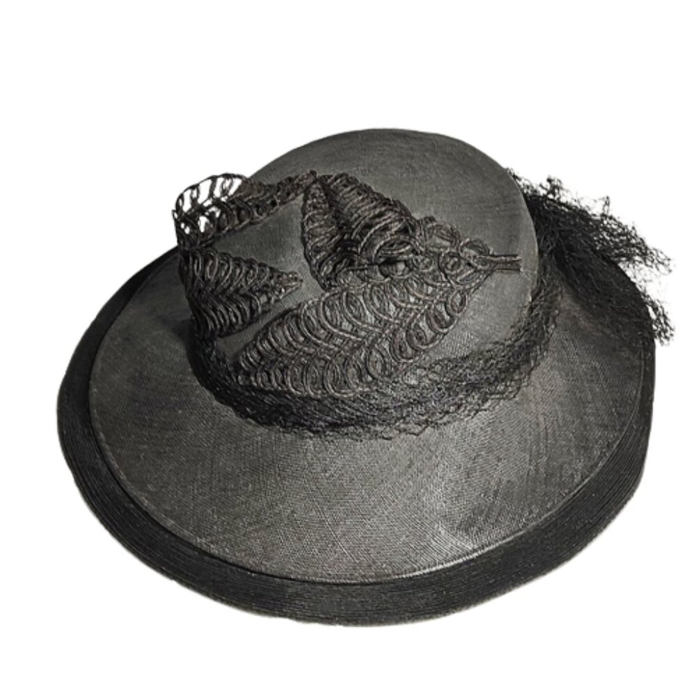 1940s True Vintage Black Straw Wide Brimmed Tilt Hat With Lace Accents Netting - Picture 5 of 8
